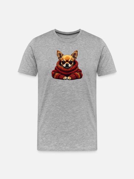 Chihuahua Winterkuschel mit Schal - Männer Premium Bio T-Shirt - Grau meliert