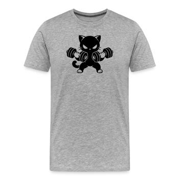 Muskelkatze mit Hanteln Fitness Motiv - Männer Premium Bio T-Shirt - Grau meliert - Vorne - Damien (186cm)