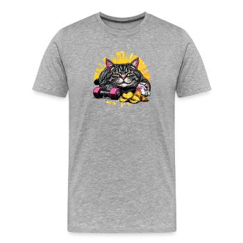 Faule Katze mit Chips und Hanteln - Männer Premium Bio T-Shirt - Grau meliert - Vorne - Damien (186cm)
