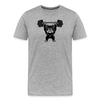 Muskel Bulldogge stemmt schwere Hantel - Männer Premium Bio T-Shirt - Grau meliert - Vorne - Damien (186cm)