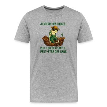 Grenouille jardinier humour noir - T-shirt bio Premium Homme - gris chiné - Devant - Damien (186cm)