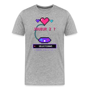 Joueur - Pixel retro et cœur - T-shirt bio Premium Homme - gris chiné - Devant - Damien (186cm)