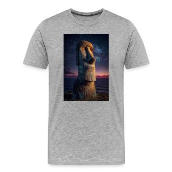 Sternenklare Moai an einem kosmischen Ufer - Männer Premium Bio T-Shirt - Grau meliert - Vorne - Damien (186cm)