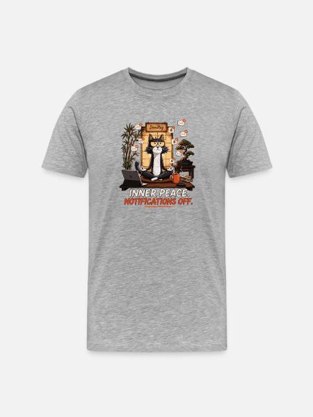 Zen Cat Meditates Amid Notifications - Men's Premium Organic T-Shirt - heather grey