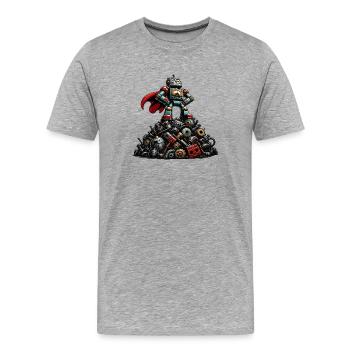Roboterheld auf Schrottgerümpel - Männer Premium Bio T-Shirt - Grau meliert - Vorne - Damien (186cm)