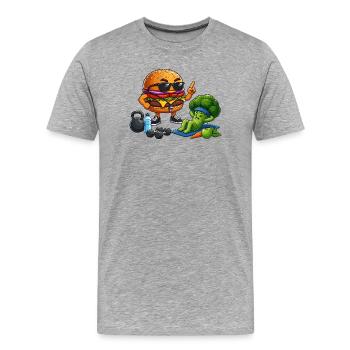Burger-Gym Hero trifft Brokkoli-Training - Männer Premium Bio T-Shirt - Grau meliert - Vorne - Damien (186cm)