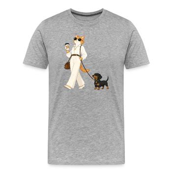 Stylische Katze mit Dackel beim Kaffeespaziergang - Männer Premium Bio T-Shirt - Grau meliert - Vorne - Damien (186cm)