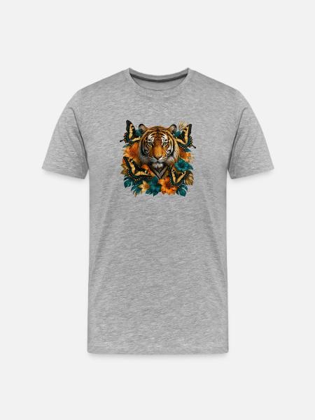 Tiger with butterflies and flowers - Men's Premium Organic T-Shirt - heather grey
