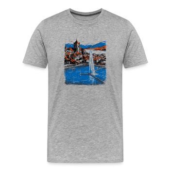 Genève Suisse Silhouette et fontaine d’eau - T-shirt bio Premium Homme - gris chiné - Devant - Damien (186cm)