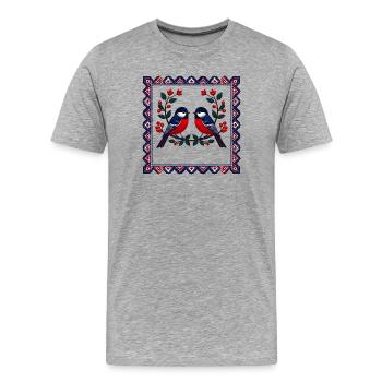Motif de broderie de duo d’oiseaux rouge-bleus - T-shirt bio Premium Homme - gris chiné - Devant - Damien (186cm)