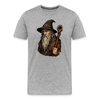 Alter Zauberer mit Stab - Männer Premium Bio T-Shirt - Grau meliert - Vorne - Damien (186cm)