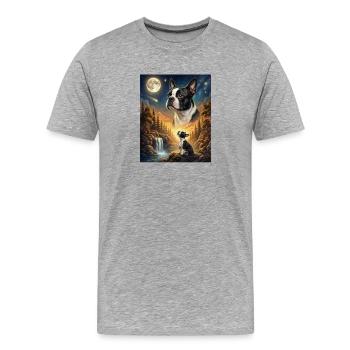 Hurler au mème de la lune Boston Terrier - T-shirt bio Premium Homme - gris chiné - Devant - Damien (186cm)