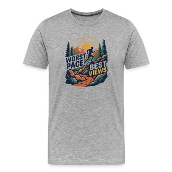 Trail Running - Pire allure. Meilleures vues - T-shirt bio Premium Homme - gris chiné - Devant - Damien (186cm)