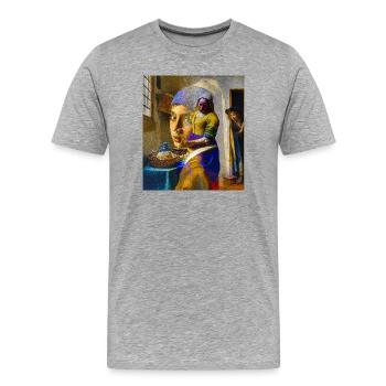 Doppelporträt: Küchentisch & Fantasie - Männer Premium Bio T-Shirt - Grau meliert - Vorne - Damien (186cm)