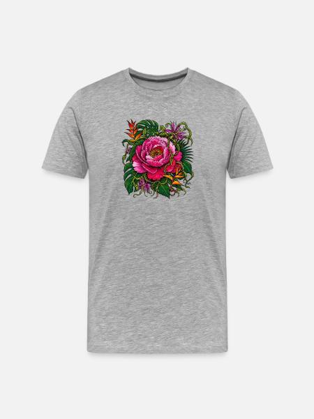Rosa Pfingstrose im Dschungel - Männer Premium Bio T-Shirt - Grau meliert