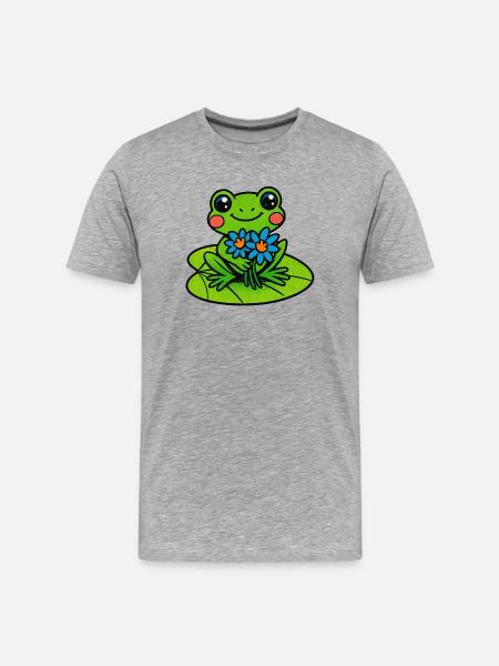 Fröhlicher Frosch mit Blumenstrauß - Männer Premium Bio T-Shirt - Grau meliert