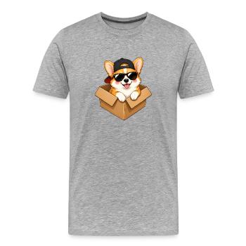 Corgi im Karton: Sonnenbrille & Cap - Männer Premium Bio T-Shirt - Grau meliert - Vorne - Damien (186cm)