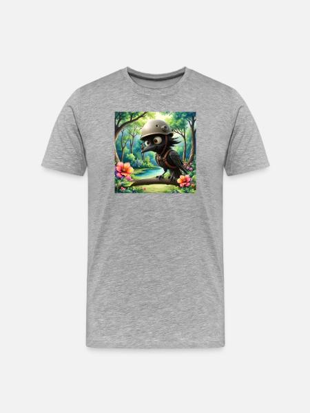 Späher-Rabe mit Waldhelm - Männer Premium Bio T-Shirt - Grau meliert