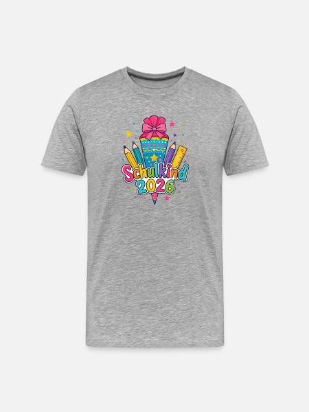 Schulkind 2026 – Bunte Schulfreude - Männer Premium Bio T-Shirt - Grau meliert