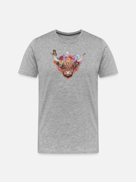 Blumenkranz Hochlandkuh - Männer Premium Bio T-Shirt - Grau meliert