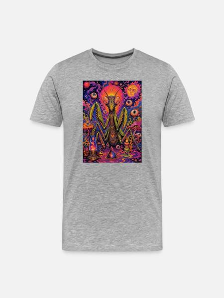 Kosmisch-psychedelische Gottesanbeterin in Neon-Orbit - Männer Premium Bio T-Shirt - Grau meliert