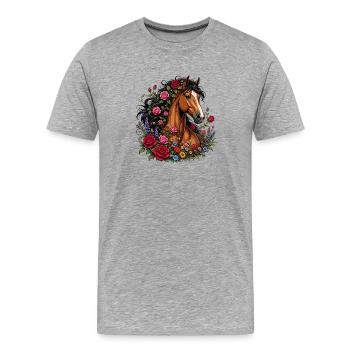 Portrait de cheval dans une couronne de fleurs - T-shirt bio Premium Homme - gris chiné - Devant - Damien (186cm)