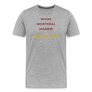 Marvejols Lozère - Miami - Montréal - Madrid - T-shirt bio Premium Homme - gris chiné - Devant - Damien (186cm)