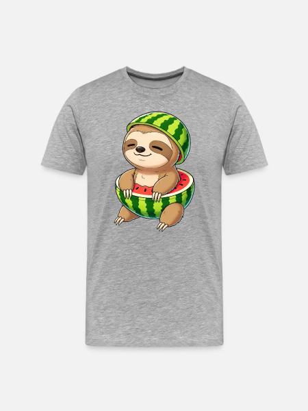 Sloth Cartoon with Watermelon Summer Fruits - Men's Premium Organic T-Shirt - heather grey