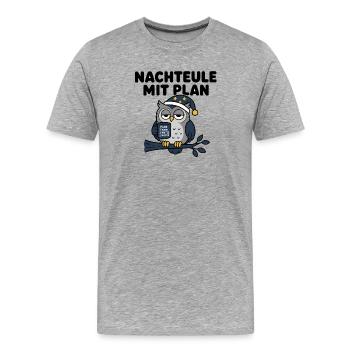 Nachteule mit Plan – Lustige Comic-Eule auf Ast - Männer Premium Bio T-Shirt - Grau meliert - Vorne - Damien (186cm)