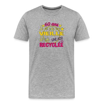 60 Ans Ado Recyclée Humour Anniversaire Femme - T-shirt bio Premium Homme - gris chiné - Devant - Damien (186cm)