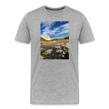 Refuge alpin devant un paysage montagneux - T-shirt bio Premium Homme - gris chiné - Devant - Damien (186cm)