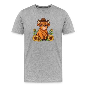 Kuh mit Cowboyhut vor Sonnenblumen - Männer Premium Bio T-Shirt - Grau meliert - Vorne - Damien (186cm)