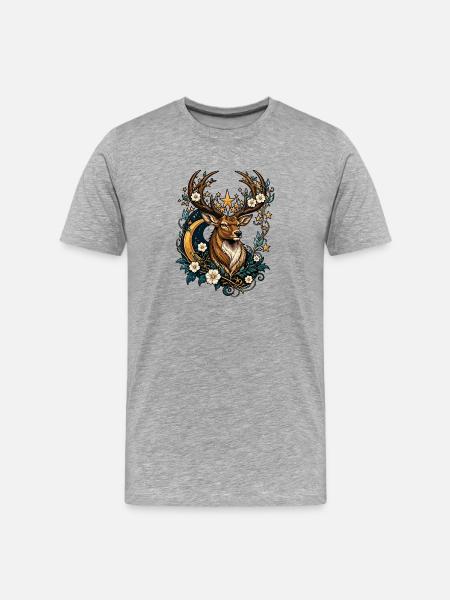 Mondstern Hirsch mit Blumenkranz - Männer Premium Bio T-Shirt - Grau meliert