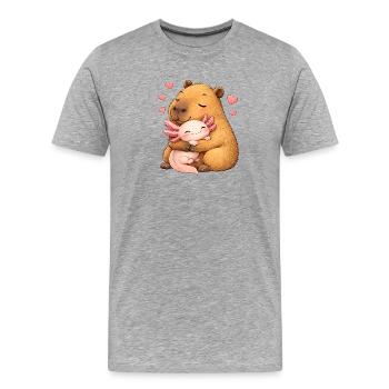 Capybara avec un ami axolotl rose - câlin affectueux - T-shirt bio Premium Homme - gris chiné - Devant - Damien (186cm)
