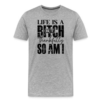 La vie est une, moi aussi le sarcasme sarcastique - T-shirt bio Premium Homme - gris chiné - Devant - Damien (186cm)