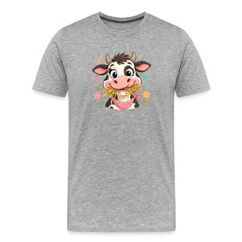 Vache avec foin et fleurs - T-shirt bio Premium Homme - gris chiné - Devant - Damien (186cm)