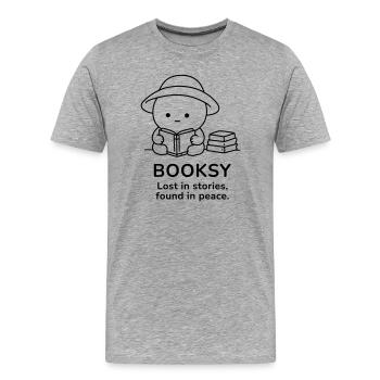 Booksy – Perdu dans les histoires, trouvé en paix - T-shirt bio Premium Homme - gris chiné - Devant - Damien (186cm)