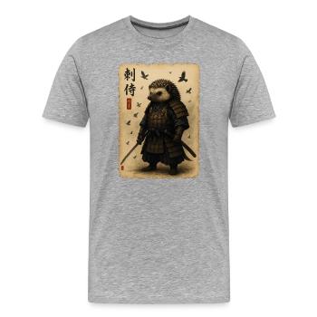 Igel-Samurai auf Pergament - Männer Premium Bio T-Shirt - Grau meliert - Vorne - Damien (186cm)