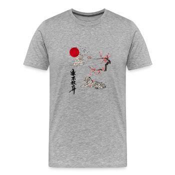 Japan Tiger Ukiyo-e mit Kirschblüten und Pagode - Männer Premium Bio T-Shirt - Grau meliert - Vorne - Damien (186cm)