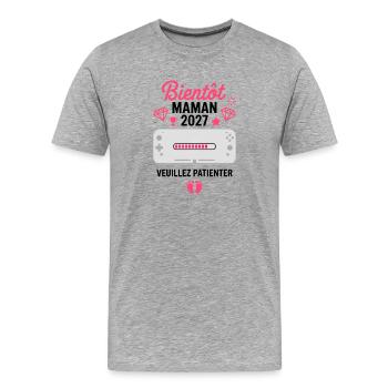 Bientôt Maman 2027 Gamer Annonce Grossesse - T-shirt bio Premium Homme - gris chiné - Devant - Damien (186cm)