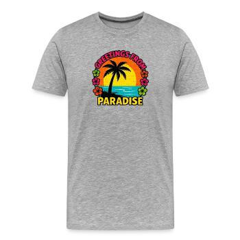 Grüße aus dem Paradies - Männer Premium Bio T-Shirt - Grau meliert - Vorne - Damien (186cm)