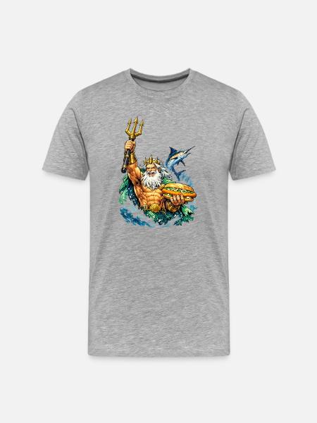 Neptun mit Fischbrötchen - Männer Premium Bio T-Shirt - Grau meliert