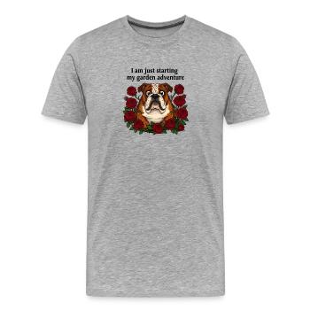 Début de l’aventure dans le jardin - Bouledogue et roses rouges - T-shirt bio Premium Homme - gris chiné - Devant - Damien (186cm)