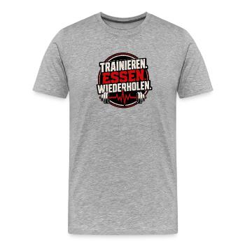 Trainieren. Essen. Wiederholen. – Fitness - Männer Premium Bio T-Shirt - Grau meliert - Vorne - Damien (186cm)