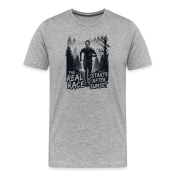 Course en sentier - La vraie course commence après le coucher du soleil - T-shirt bio Premium Homme - gris chiné - Devant - Damien (186cm)