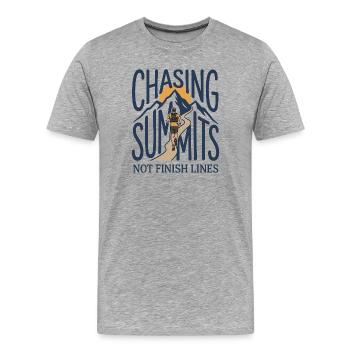Trail Running - Courir après des sommes, pas des lignes d’arrivée - T-shirt bio Premium Homme - gris chiné - Devant - Damien (186cm)