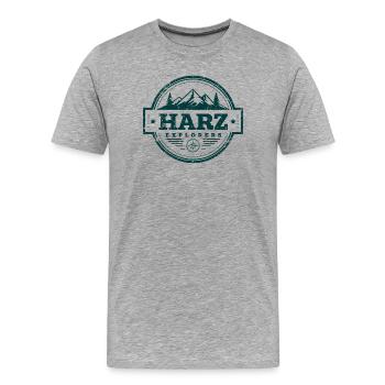 Explorateurs de résine | Insigne d’aventure vintage - T-shirt bio Premium Homme - gris chiné - Devant - Damien (186cm)