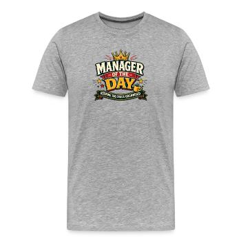 Manager du jour – Maintenir le chaos organisé - T-shirt bio Premium Homme - gris chiné - Devant - Damien (186cm)
