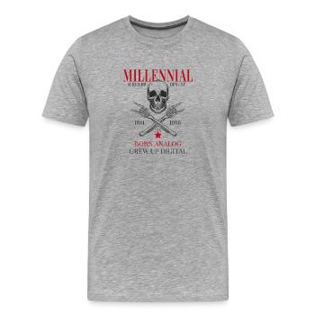 Millennial – Né analogique a grandi dans le numérique - T-shirt bio Premium Homme - gris chiné - Devant - Damien (186cm)