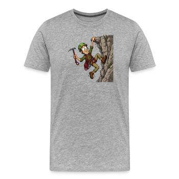 Comic-Bergsteiger am Überhang – Klettern Abenteuer - Männer Premium Bio T-Shirt - Grau meliert - Vorne - Damien (186cm)